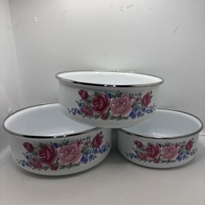 Vintage Enamel Floral  Bowls Set of 3